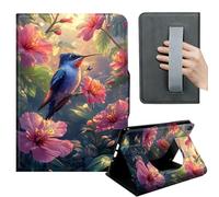 HGGJFLYX Case for Kindle Fire HD 8 (6th/7th/8th Gen, 2016/2017/2018),360 Degree Rotating Multi-Angle Viewing Stand,Hand Strap,PU Leather Tablet Cover,Auto Sleep/Wake,Hummingbird Hibiscus