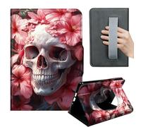 HGGJFLYX Case for Kindle Fire HD 8 (6th/7th/8th Gen, 2016/2017/2018),360 Degree Rotating Multi-Angle Viewing Stand,Hand Strap,PU Leather Tablet Cover,Auto Sleep/Wake,Skull Pink Hibiscus Flowers