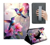 HGGJFLYX Case for Kindle Fire HD 8 (6th/7th/8th Gen, 2016/2017/2018),360 Degree Rotating Multi-Angle Viewing Stand,Hand Strap,PU Leather Tablet Cover,Auto Sleep/Wake,Hummingbirds Pink Hibiscus
