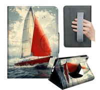 HGGJFLYX Case for Kindle Fire HD 8 (6th/7th/8th Gen, 2016/2017/2018),360 Degree Rotating Multi-Angle Viewing Stand,Hand Strap,PU Leather Tablet Cover,Auto Sleep/Wake,Red Sailboat Ocean