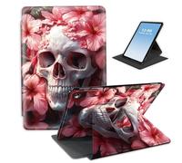 HGGJFLYX Case for Kindle Fire HD 8 & HD 8 Plus (12th Gen, 2024/2022/2020),360 Degree Rotating Multi-Angle Viewing Stand Fold Leather Tablet Cover 8",Auto Sleep/Wake,Skull Pink Hibiscus Flowers
