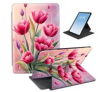 HGGJFLYX Case for Kindle Fire HD 8 & HD 8 Plus (12th Gen, 2024/2022/2020),360 Degree Rotating Multi-Angle Viewing Stand Fold Leather Tablet Cover 8",Auto Sleep/Wake,Pink Tulips Bouquet