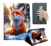 HGGJFLYX Case for Kindle Fire HD10 2023/2021,360 Degree Rotating Multi-Angle Viewing Stand,Hand Strap,PU Leather Tablet Cover for Fire HD10 2023/2021,Auto Sleep/Wake,Red Fox Snow Sunset