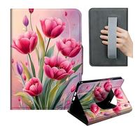 HGGJFLYX Case for Kindle Fire Max 11 2023,360 Degree Rotating Multi-Angle Viewing Stand,Hand Strap,PU Leather Tablet Cover for Kindle Fire Max 11 2023,Auto Sleep/Wake,Pink Tulips Bouquet
