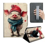 HGGJFLYX Case for Kindle Paperwhite 10th 2019,360 Degree Rotating Multi-Angle Viewing Stand,Hand Strap,PU Leather Tablet Cover 6" for Kindle 10th 2019,Auto Sleep/Wake,Cute Pig Wearing Hat