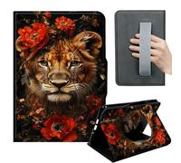 HGGJFLYX Case for Kindle Paperwhite 11th 2022,360 Degree Rotating Multi-Angle Viewing Stand,Hand Strap,PU Leather Tablet Cover 6" for Kindle 11th 2022,Auto Sleep/Wake,Lion Red Poppy Floral Crown
