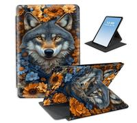HGGJFLYX Case for Kindle Scribe 10.2 Inch 2022/2024 Tablet,360 Degree Rotating Multi-Angle Viewing Stand Fold Leather E-Book Cover 10.2" Kindle Scribe,Auto Sleep/Wake,Wolf Floral Wreath