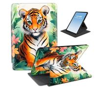 HGGJFLYX Case for Kindle Scribe 10.2 Inch 2022/2024 Tablet,360 Degree Rotating Multi-Angle Viewing Stand Fold Leather E-Book Cover 10.2" Kindle Scribe,Auto Sleep/Wake,Tiger in Flower Jungle
