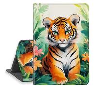 HGGJFLYX Case for Kindle Scribe 10.2 Inch 2022/2024 Tablet, PU Leather Folio Cover with Auto Sleep/Wake, Multi-Angle Stand E-Book Protective Cover for Kindle Scribe,Tiger in Flower Jungle