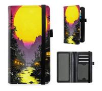 HGGJFLYX Checkbook Cover for Women and Men, PU Leather RFID Blocking Checkbook Holder Wallet Case with Elastic Strap & Multiple Card Slots, for Checks and Cards-L5, Neon Sunset Village, 7.28*3.93 inch