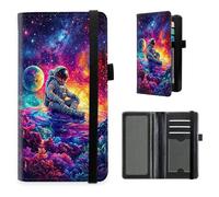 HGGJFLYX Checkbook Cover for Women and Men, PU Leather RFID Blocking Checkbook Holder Wallet Case with Elastic Strap & Multiple Card Slots-J6, Astronaut Meditating, 7.28*3.93 inch, Modern