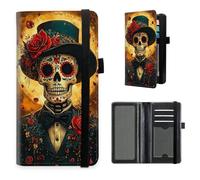 HGGJFLYX Checkbook Cover for Women and Men, PU Leather RFID Blocking Checkbook Holder Wallet Case with Elastic Strap & Multiple Card Slots-J10, Skeleton Gentleman, 7.28*3.93 inch, Modern