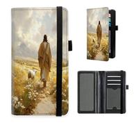 HGGJFLYX Checkbook Cover for Women and Men, PU Leather RFID Blocking Checkbook Holder Wallet Case with Elastic Strap & Multiple Card Slots-J2, Saviour with the Sheep, 7.28*3.93 inch, Modern