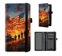 HGGJFLYX Checkbook Cover for Women and Men, PU Leather RFID Blocking Checkbook Holder Wallet Case with Elastic Strap & Multiple Card Slots-J1, Patriotic Sunset Soldiers, 7.28*3.93 inch, Modern