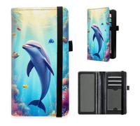 HGGJFLYX Checkbook Cover for Women and Men, PU Leather RFID Blocking Checkbook Holder Wallet Case with Elastic Strap & Multiple Card Slots, for Checks and Cards-3, Dolphin in Sunlit Ocean, 7.28*3.93