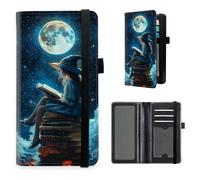 HGGJFLYX Checkbook Cover for Women and Men, PU Leather RFID Blocking Checkbook Holder Wallet Case with Elastic Strap & Multiple Card Slots, for Checks and Cards-L5, Witch Girl Moon Reading, 7.28*3.93
