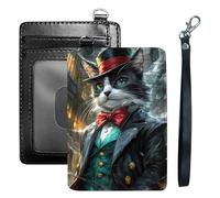 HGGJFLYX Credit Card Holder Slim Wallet for Women Men, RFID Blocking Front Pocket Card Holder, Travel Minimalist Thin Leather Case Wallet with ID Window & Wrist Strap-L14, Gentleman Cat, 3.1 x 4.5