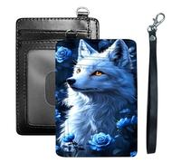 HGGJFLYX Credit Card Holder Slim Wallet for Women Men, RFID Blocking Front Pocket Card Holder, Travel Minimalist Thin Leather Case Wallet with ID Window & Wrist Strap-L8, White Fox Blue Roses, 3.1 x