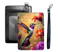 HGGJFLYX Credit Card Holder Slim Wallet for Women Men, RFID Blocking Front Pocket Card Holder - Travel Minimalist Thin Leather Case Wallet with ID Window & Wrist Strap, Hummingbird Among Blooms, 3.1 x