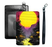 HGGJFLYX Credit Card Holder Slim Wallet for Women Men, RFID Blocking Front Pocket Card Holder, Travel Minimalist Thin Leather Case Wallet with ID Window & Wrist Strap-L5, Neon Sunset Village, 3.1 x