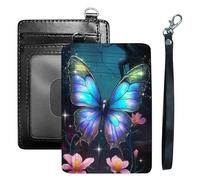 HGGJFLYX Credit Card Holder Slim Wallet for Women Men, RFID Blocking Front Pocket Card Holder, Travel Minimalist Thin Leather Case Wallet with ID Window & Wrist Strap-8, Enchanted Butterfly Night, 3.1