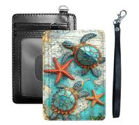 HGGJFLYX Credit Card Holder Slim Wallet for Women Men, RFID Blocking Front Pocket Card Holder, Travel Minimalist Thin Leather Case Wallet with ID Window & Wrist Strap-L10, Map Turtles Starfish, 3.1 x