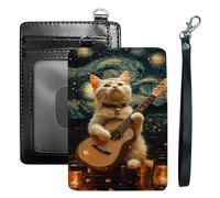 HGGJFLYX Credit Card Holder Slim Wallet for Women Men, RFID Blocking Front Pocket Card Holder, Travel Minimalist Thin Leather Case Wallet with ID Window & Wrist Strap-L2, Night Sky Cat Guitar, 3.1 x