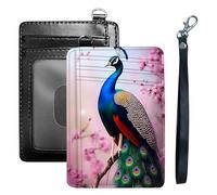 HGGJFLYX Credit Card Holder Slim Wallet for Women Men, RFID Blocking Front Pocket Card Holder, Travel Minimalist Thin Leather Case Wallet with ID Window & Wrist Strap-3, Peacock by Pink Blossoms, 3.1