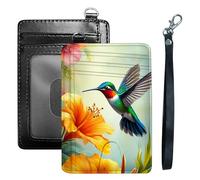 HGGJFLYX Credit Card Holder Slim Wallet for Women Men, RFID Blocking Front Pocket Card Holder - Travel Minimalist Thin Leather Case Wallet with ID Window & Wrist Strap, Hummingbird Flowers, 3.1 x 4.5