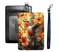 HGGJFLYX Credit Card Holder Slim Wallet for Women Men, RFID Blocking Front Pocket Card Holder - Travel Minimalist Thin Leather Case Wallet with ID Window & Wrist Strap, Hummingbird Orange Flowers, 3.1
