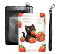HGGJFLYX Credit Card Holder Slim Wallet for Women Men, RFID Blocking Front Pocket Card Holder, Travel Minimalist Thin Leather Case Wallet-J5, Black Cat and Strawberries, 3.1 x 4.5 inch, Modern