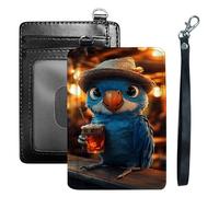 HGGJFLYX Credit Card Holder Slim Wallet for Women Men, RFID Blocking Front Pocket Card Holder, Travel Minimalist Thin Leather Case Wallet with ID Window & Wrist Strap-L15, Blue Parrot Straw Hat, 3.1 x