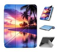 HGGJFLYX for iPad mini 7 A17 Pro 2024/iPad Mini 6 2021 Case with Pencil Holder, Foldable Y-Shaped Protective Cover, Stylish Clear Multi-Angle Viewing & Auto Sleep/Wake, Pink Purple Sunset Beach