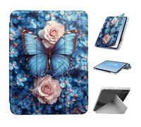HGGJFLYX for iPad mini 7 A17 Pro 2024/iPad Mini 6 2021 Case with Pencil Holder, Foldable Y-Shaped Protective Cover, Stylish Clear Multi-Angle Viewing & Auto Sleep/Wake, Blue Butterfly Pink Rose