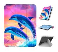 HGGJFLYX for iPad mini 7 A17 Pro 2024/iPad Mini 6 2021 Case with Pencil Holder, Foldable Y-Shaped Protective Cover, Stylish Clear Multi-Angle Viewing & Auto Sleep/Wake, Dolphins in Sunset Wave