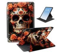 HGGJFLYX for iPad Pro 11 Inch 2024/2025/2026,360 Degree Rotating Multi-Angle Viewing Stand Leather Cover 11" iPad Pro 11 2024/2025/2026,Auto Sleep/Wake,Orange Rose Sugar Skull
