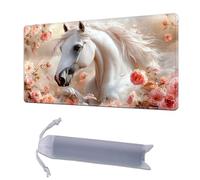 HGGJFLYX Playmat for MTG, 24"x14" for TCG Playmat with Non-Slip Rubber Base, Smooth Surface Stitched Edges, Magic Card Game Mat with Storage Bag, and Desk Mousepad, White Steed & Blush Blooms