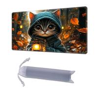 HGGJFLYX Playmat for MTG, 24"x14" for TCG Playmat with Non-Slip Rubber Base, Smooth Surface Stitched Edges, Magic Card Game Mat with Storage Bag, and Desk Mousepad, Autumn Lantern Cat