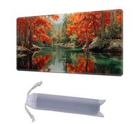 HGGJFLYX Playmat for MTG,24x14 Inch for TCG Playmat with Non-Slip Rubber Base,Smooth Surface Stitched Edges,Magic Card Game Mat with Storage Bag, and Desk Mousepad,Autumn Red Forest River