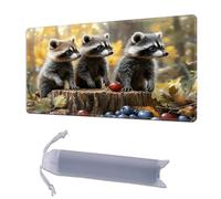 HGGJFLYX Playmat for MTG,24x14 Inch for TCG Playmat with Non-Slip Rubber Base,Smooth Surface Stitched Edges,Magic Card Game Mat with Storage Bag, and Desk Mousepad,Autumn Raccoon Trio