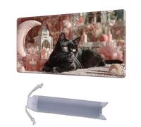 HGGJFLYX Playmat for MTG,28x16 Inch for TCG Playmat with Non-Slip Rubber Base,Smooth Surface Stitched Edges,Magic Card Game Mat with Storage Bag, and Desk Mousepad,Black Cat in Pink Moonlight