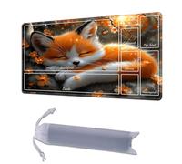 HGGJFLYX Playmat with Zone for MTG,28x16 Inch for TCG Playmat with Non-Slip Rubber Base,Smooth Surface Stitched Edges,Magic Card Game Mat with Storage Desk Mousepad,Sleeping Autumn Fox