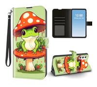 HGGJFLYX Wallet Case for Samsung Galaxy A35,PU Leather Flip Shockproof Cover with Card Holder,Magnetic Closure,Kickstand,Wrist Strap,Phone Case for A35,Frog Under Mushroom Hat