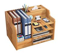 Hggzeg Updated Wooden Desk Organiser, Large Capacity Desk Tidy Storage Holder Sorter DIY Office Supplies Storage Box for A4 Papers, Books, Document and Notebook (JB07 Cherry Wood)