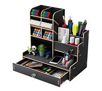 Hggzeg Wooden Desk Organiser DIY Desktop Tidy Pen Holder Large Capacity Stationery Storage Box with Drawer for Home, Office and School (B17 Black)