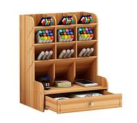 Hggzeg Wooden Desk Organiser Multi-Functional Drawer Stationery Desktop Storage Box Desk Tidy Pen Holder for Home, Office and School (Cherry Color)