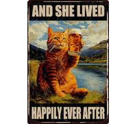 HGIEJPTIK Metal Sign Cat Tin Sign And She Lived Happily Ever After For Home Office Yard Garden Shop Cafe Wall Decor 12x16 Inch