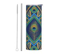 HGIUYDRD Peacock Feathers Print Travel Coffee Mug with Stainless Steel Includes Straight Straw and Cleaning Brush