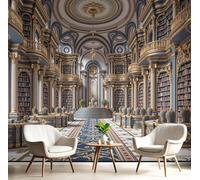 hgjdjhnf Baroque Style Library 3D Photo Wallpaper, Luxurious Architecture Wall Mural for Bedroom, Blue and Gold Decoration, Office Mural, Children's Room Photo Wallpaper, 250cm x 175cm
