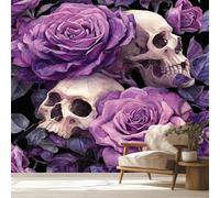 hgjdjhnf Gothic Non-Woven Wallpaper Purple Skull Roses Goth Interior Living Room Kitchen Bedroom Wallpaper Gothic Wall Decoration Wallpaper,350cmx256cm